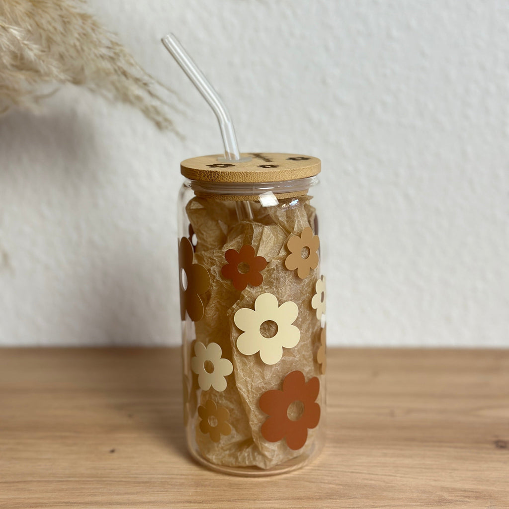 Glasbecher Daisyblüten Beige Multicolor mit gebogenem Strohhalm und Bambusdeckel, ideal für Matcha oder Kaffee