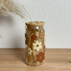 Glasbecher Daisyblüten Beige Multicolor mit gebogenem Strohhalm und Bambusdeckel, ideal für Matcha oder Kaffee