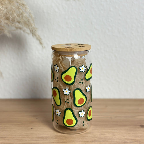 Glasbecher mit Avocado- und Blumen-Design und Bambusdeckel, 500ml Matcha- und Kaffeeglas von MOMENTWERK Studio