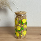 Glasbecher_Früchte_Zitronen mit Blatt_mit_Strohhalm_gebogen