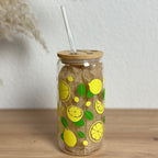 Glasbecher_Früchte_Zitronen mit Blatt_mit_Strohhalm_gerade