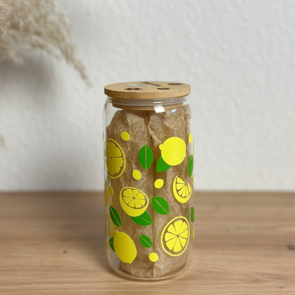 Glasbecher_Früchte_Zitronen mit Blatt_ohne_Strohhalm