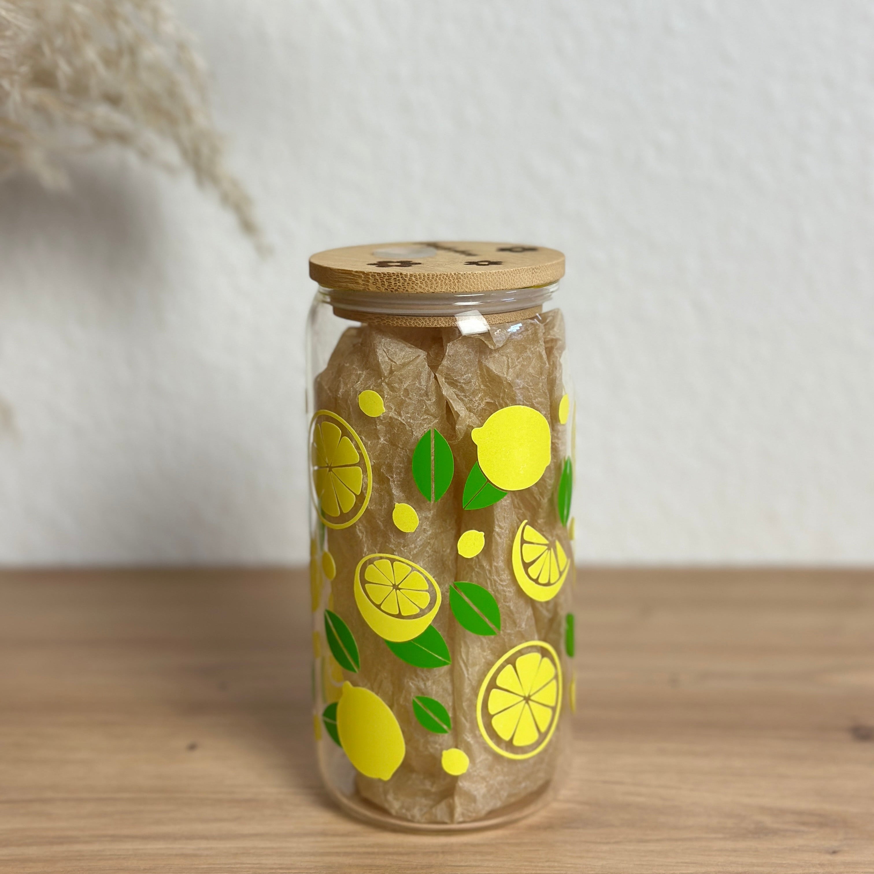Glasbecher_Früchte_Zitronen mit Blatt_ohne_Strohhalm