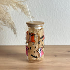 Glasbecher mit Halloween-Geister-Design mit Monden und Sternen, mit geradem Glasstrohhalm und Bambusdeckel, 500 ml Iced-Coffee-Glas von Momentwerk Studio
