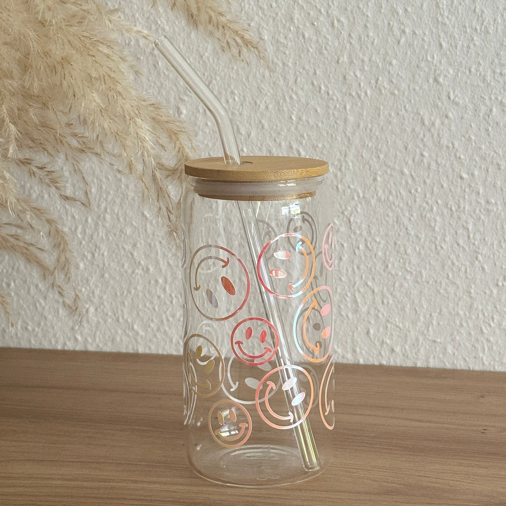 Glasbecher_Smiley_Holo_peach_yellow_pink_mit_Strohhalm_gebogen