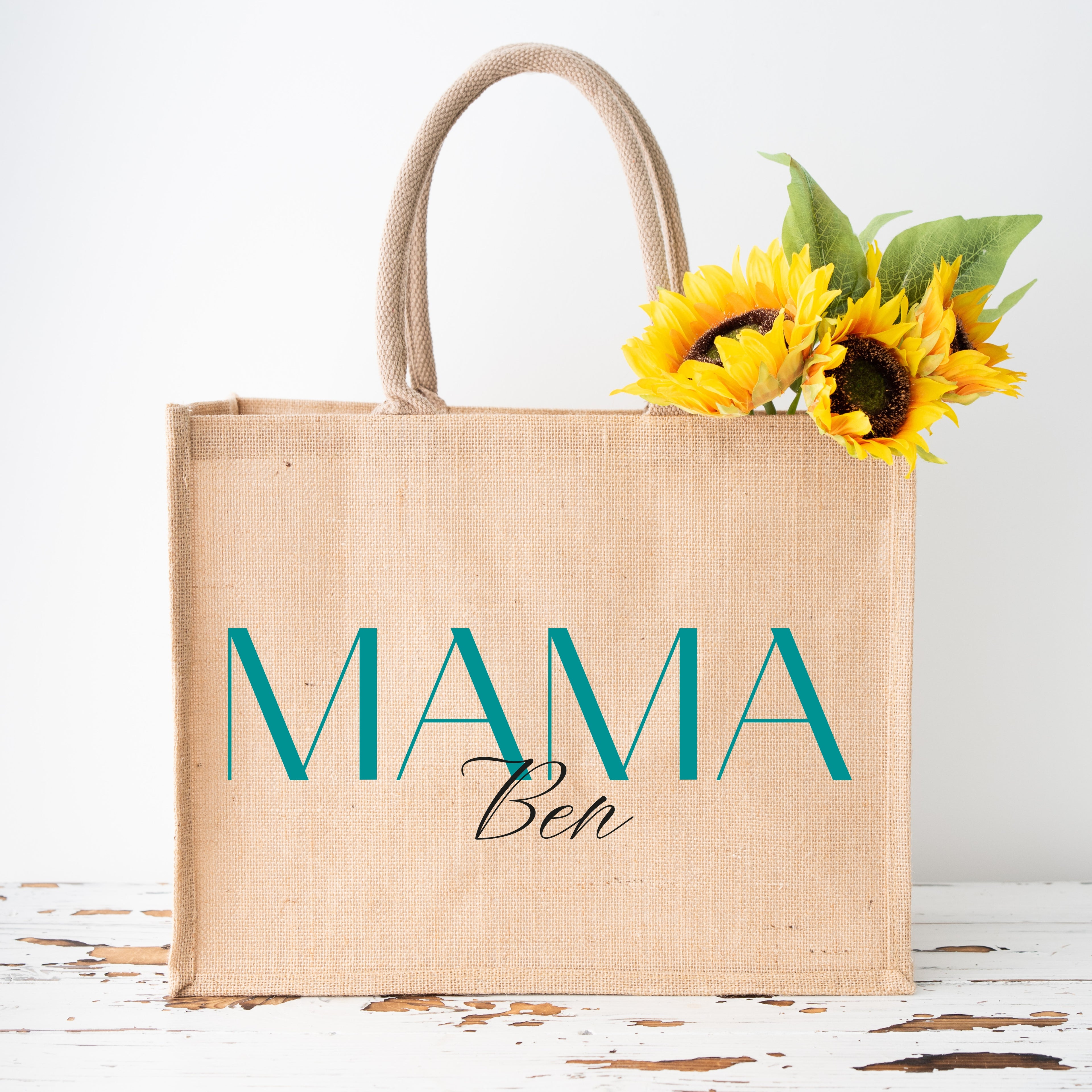 Tasche_Jute_gross_Mama_personalisiert_türkis_Ben