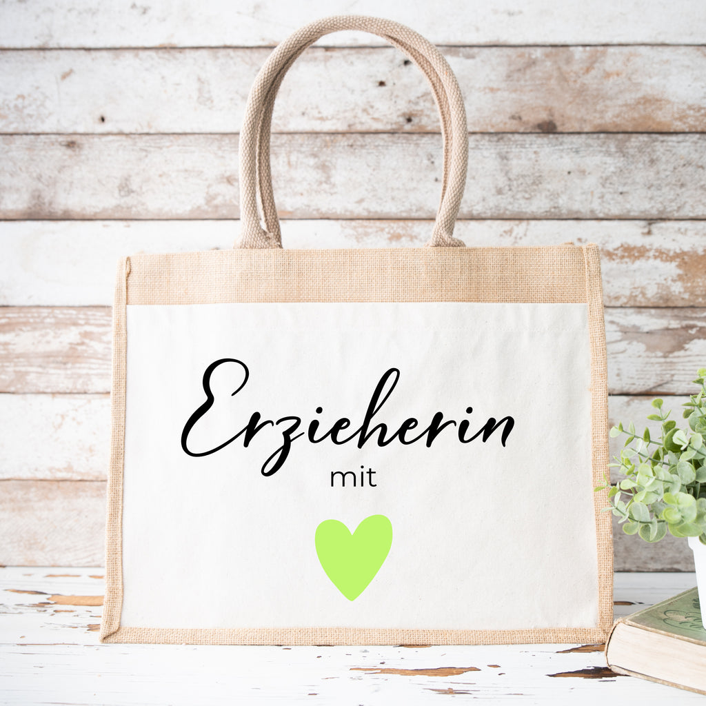 Tasche_Jute_gross_erzieherin_mit_herz_hellgrün