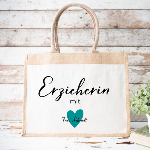 Tasche_Jute_gross_erzieherin_mit_herz_personalisiert_tuerkis