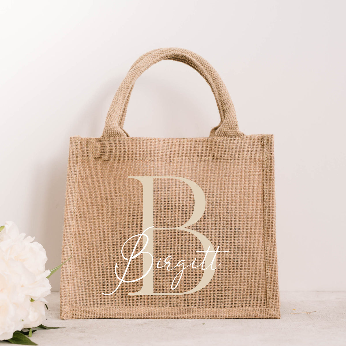 Personalisierte Jutetasche mit Monogramm und Namen Birgitt in Metallic-Champagne, Naturjute mit Henkeln, Einkaufstasche von Momentwerk Studio