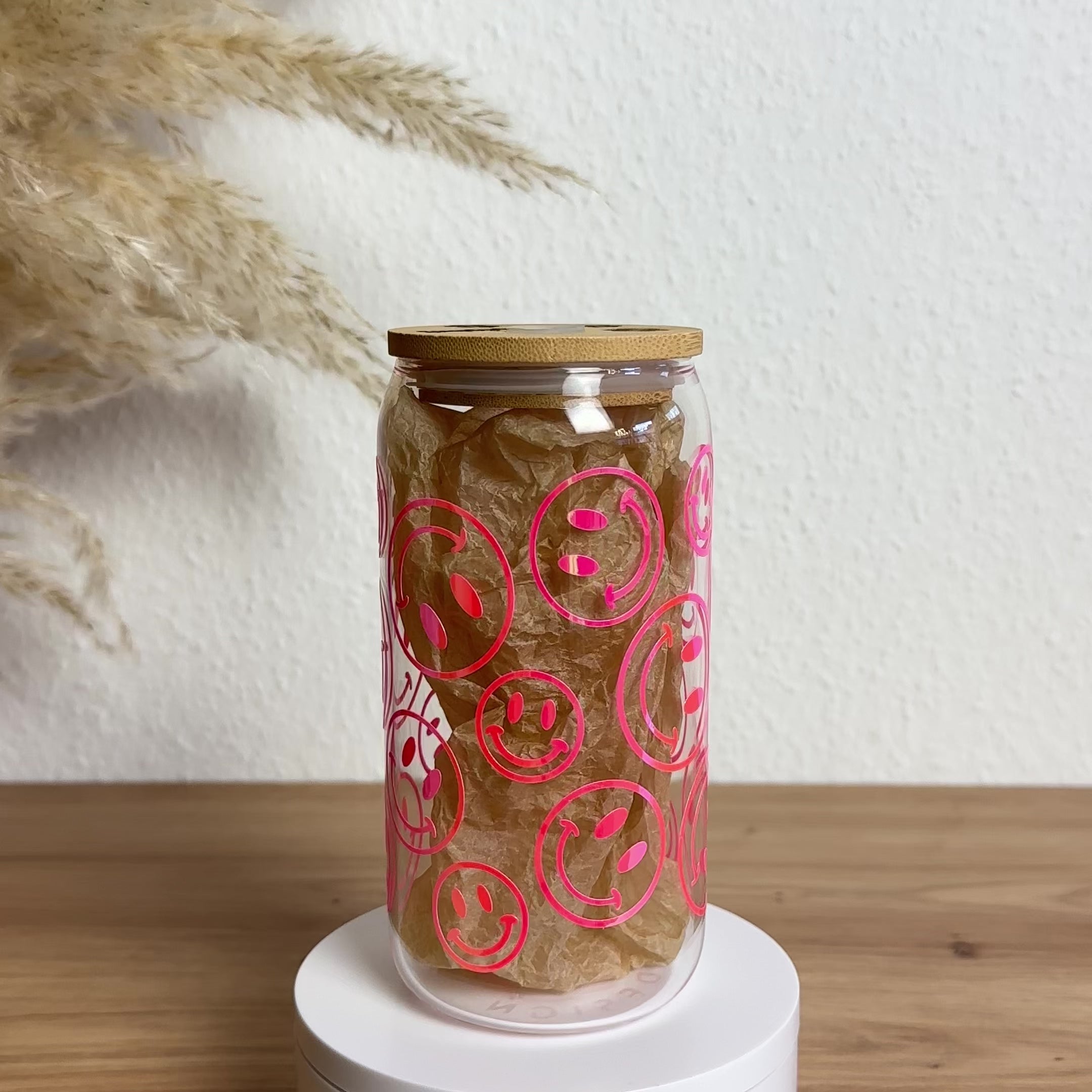 Glasbecher_Smiley_Holo_hot_pink_ohne_Strohhalm_Video